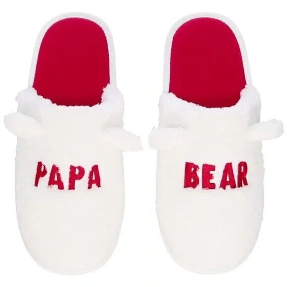 Macy's Family Pajamas Mens Papa Bear Faux-Fur Slippers White Red Small 6-7 New